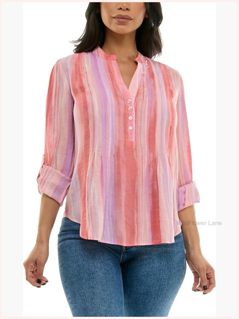 3/4 Sleeve Linen-Like Blouse with Henley Collar Pintucking Detail